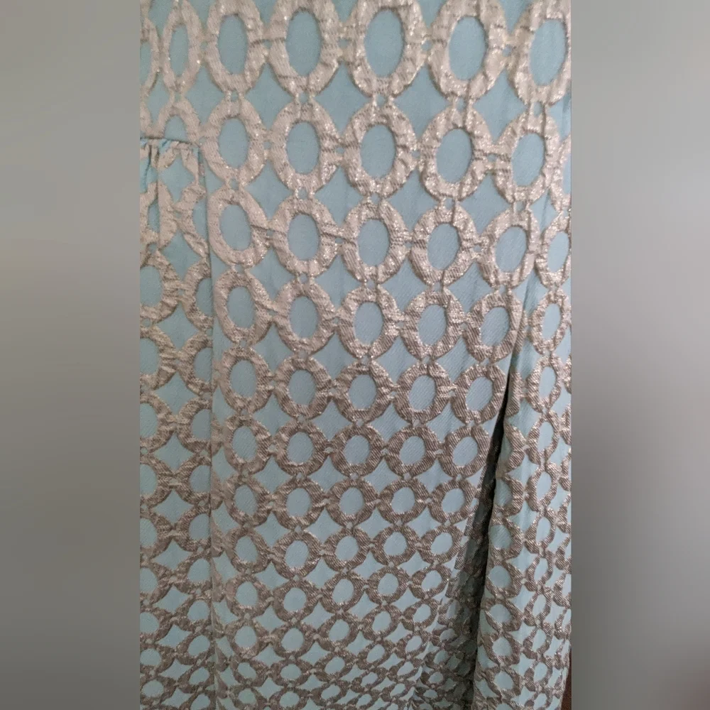LAUREN Ralph Lauren semi-formal Dress Blue Silver brocade geometric 10 - Picture 4 of 8